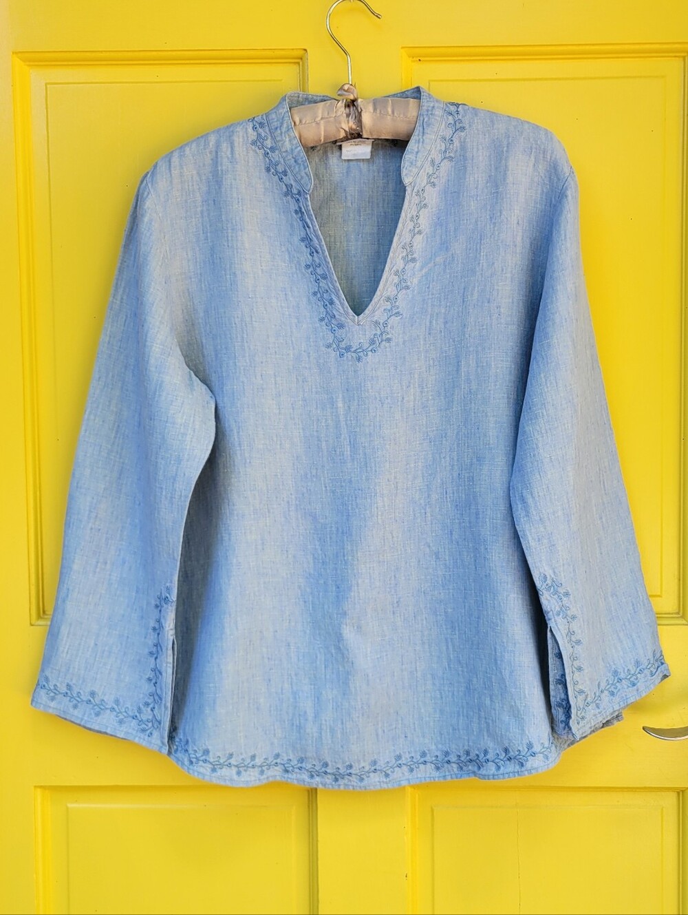 EUC! Two Star Dog 100% Linen Embroidered Tunic Top Sky Blue Medium Boho